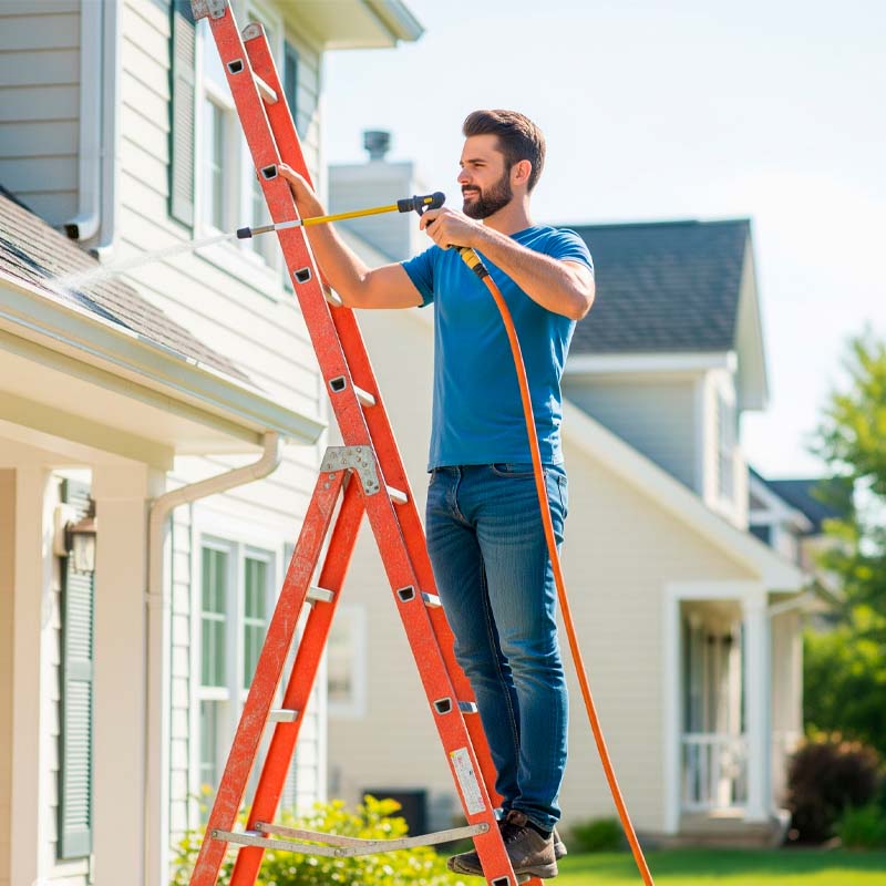 A homeowner performing a routine gutter flush or inspection.
