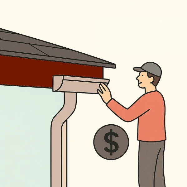 Flat-style illustration of a person inspecting a K-style gutter with a dollar sign icon and the words “COST-EFFECTIVE.