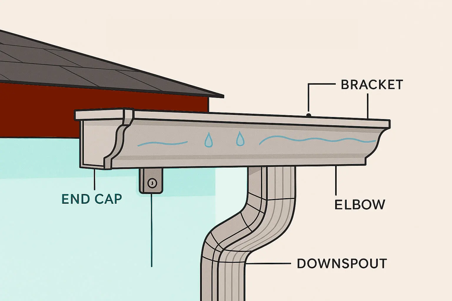Diagram of a K-style gutter system with labeled components including end cap, bracket, elbow, and downspout.