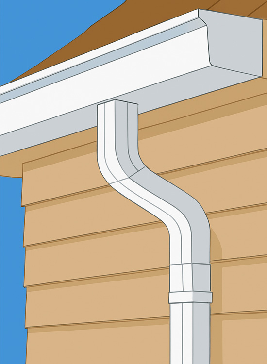 Illustration of a white K-style gutter and downspout installed on a beige house exterior.