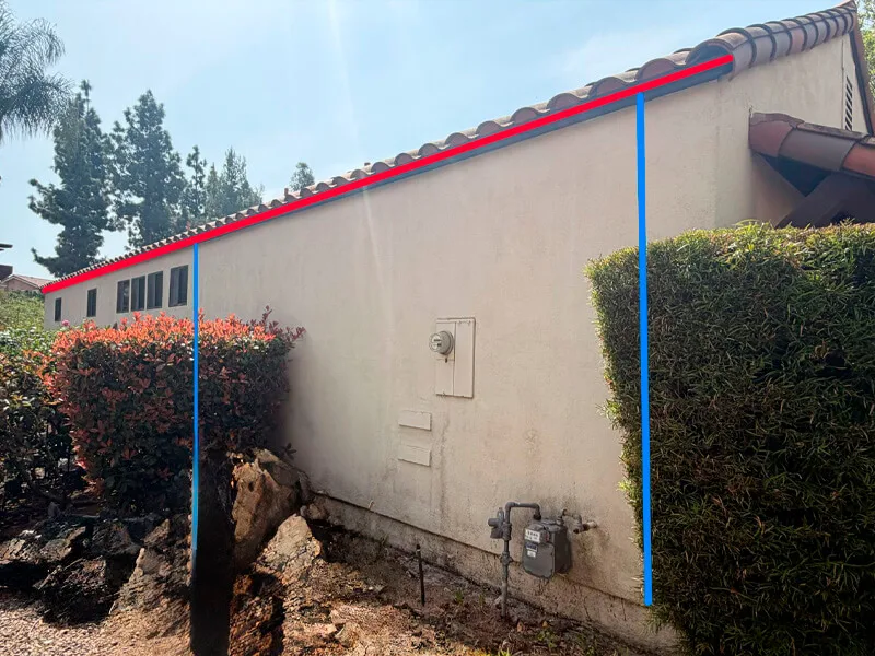 Before installing K-style gutters. Line red is the Gutter, Line blue is the Downspout