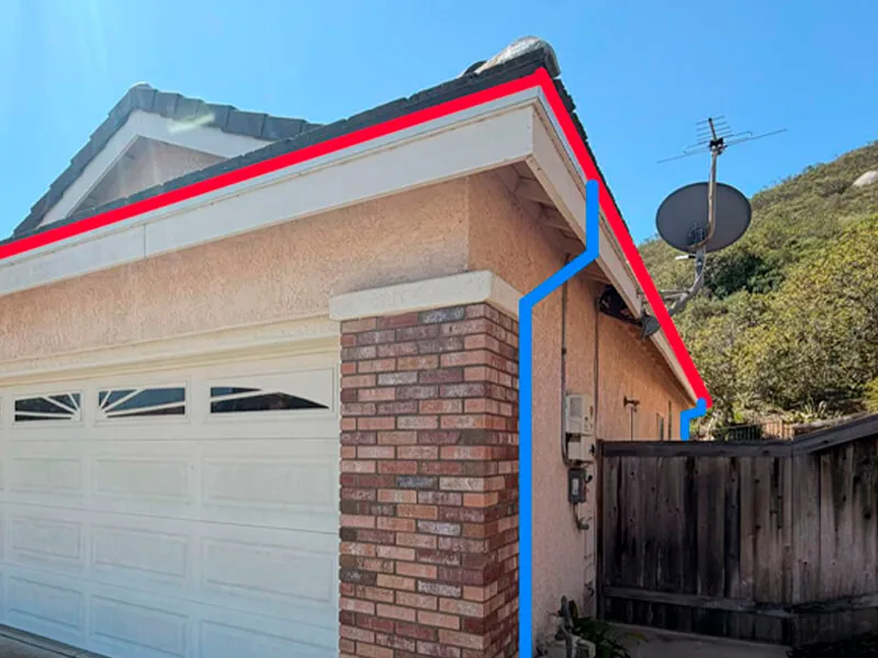 Front stucco and brick house, featuring colored line overlays for proposed gutters (red line) and a vertical downspout location (blue line).