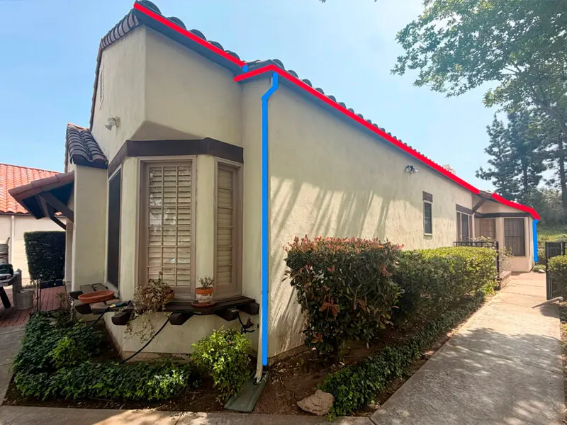 Before installing K-style gutters. Line red is the Gutter, Line blue is the Downspout