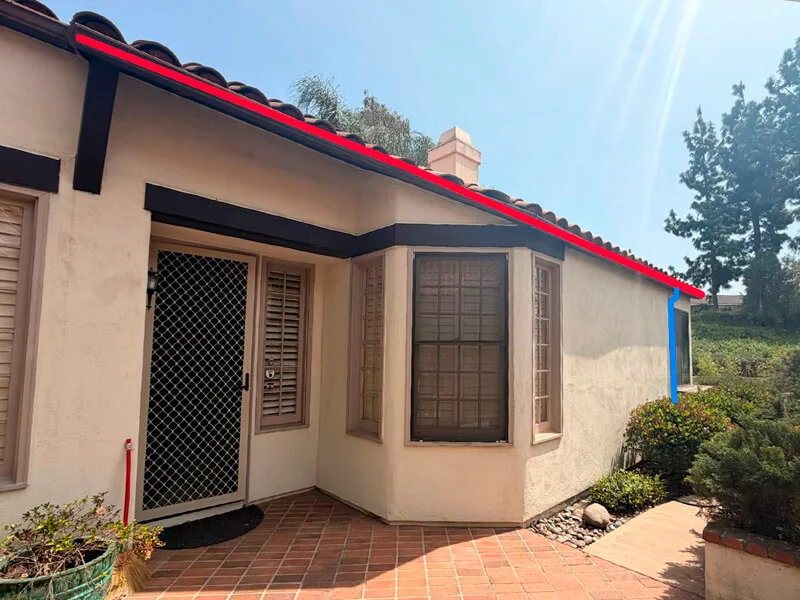 Before installing K-style gutters. Line red is the Gutter, Line blue is the Downspout