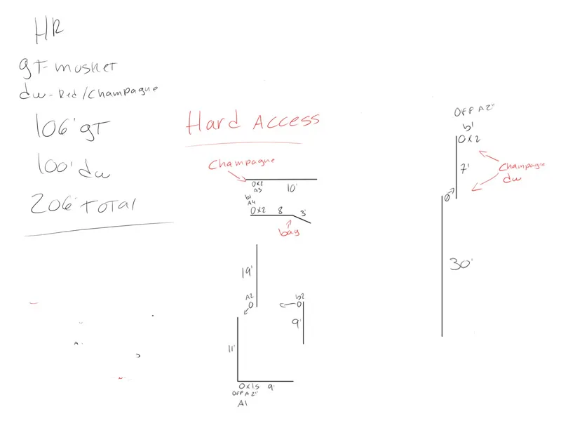 Half-round gutter installation sketch showing 106 feet of gutters, 100 feet of downspouts, and difficult-access areas.